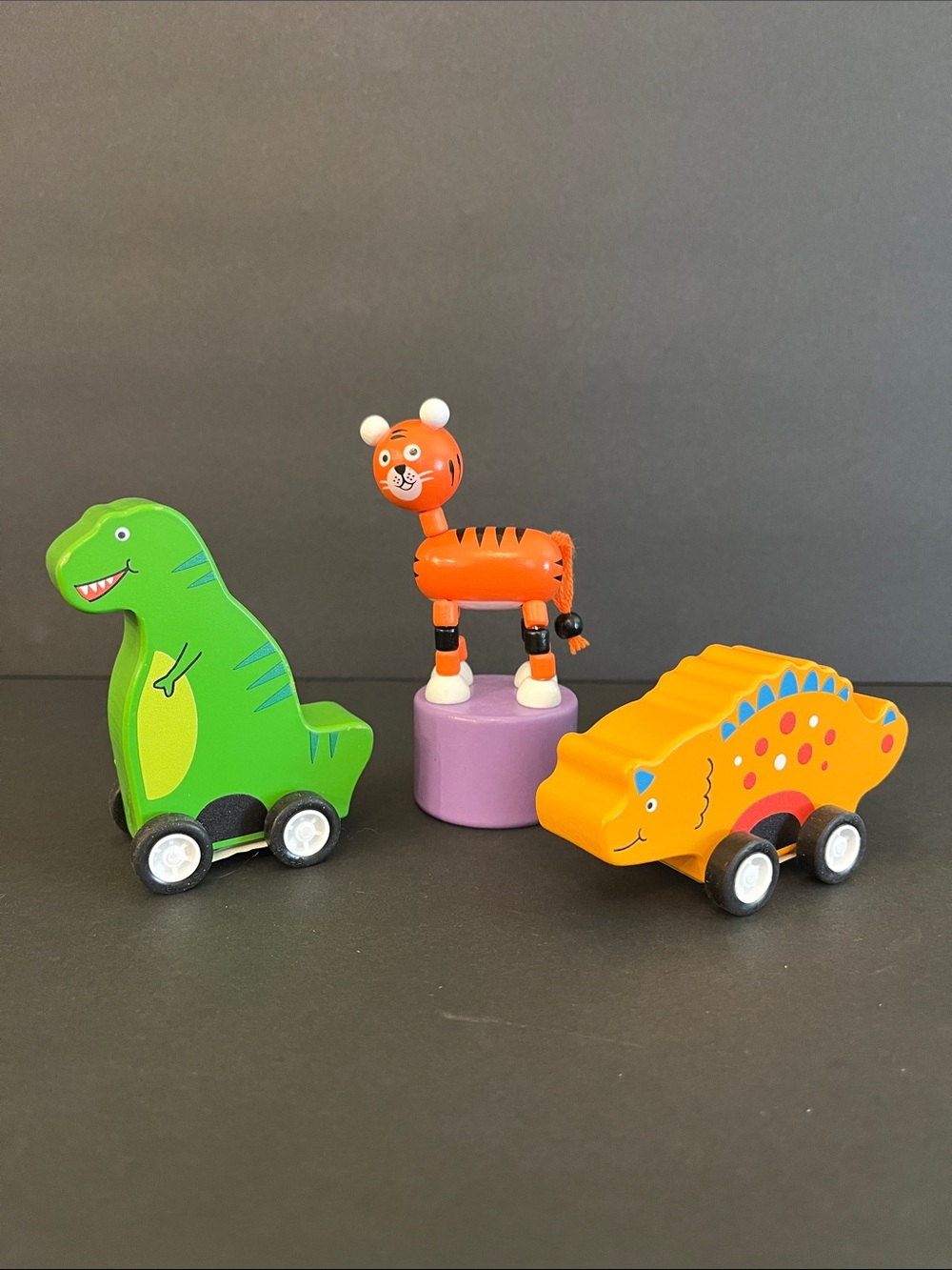 Kids Wooden Dinosaurs Pull Back & Tiger Push-up Toy Set - Orange, Green and Ye